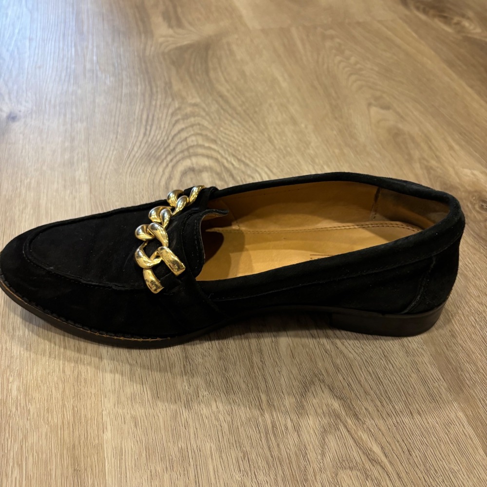 ASOS Womens Black Faux Suede Loafers Gold Chunky Chain Detail Size 5 Flat‎ Shoes - Picture 3 of 7